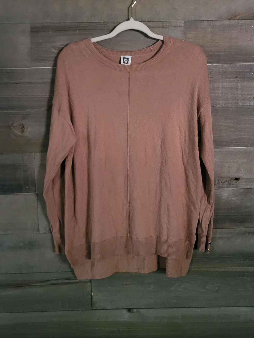 Anne Klein Brown Crewneck Tunic Sweater Gold Detail Fall Layering L